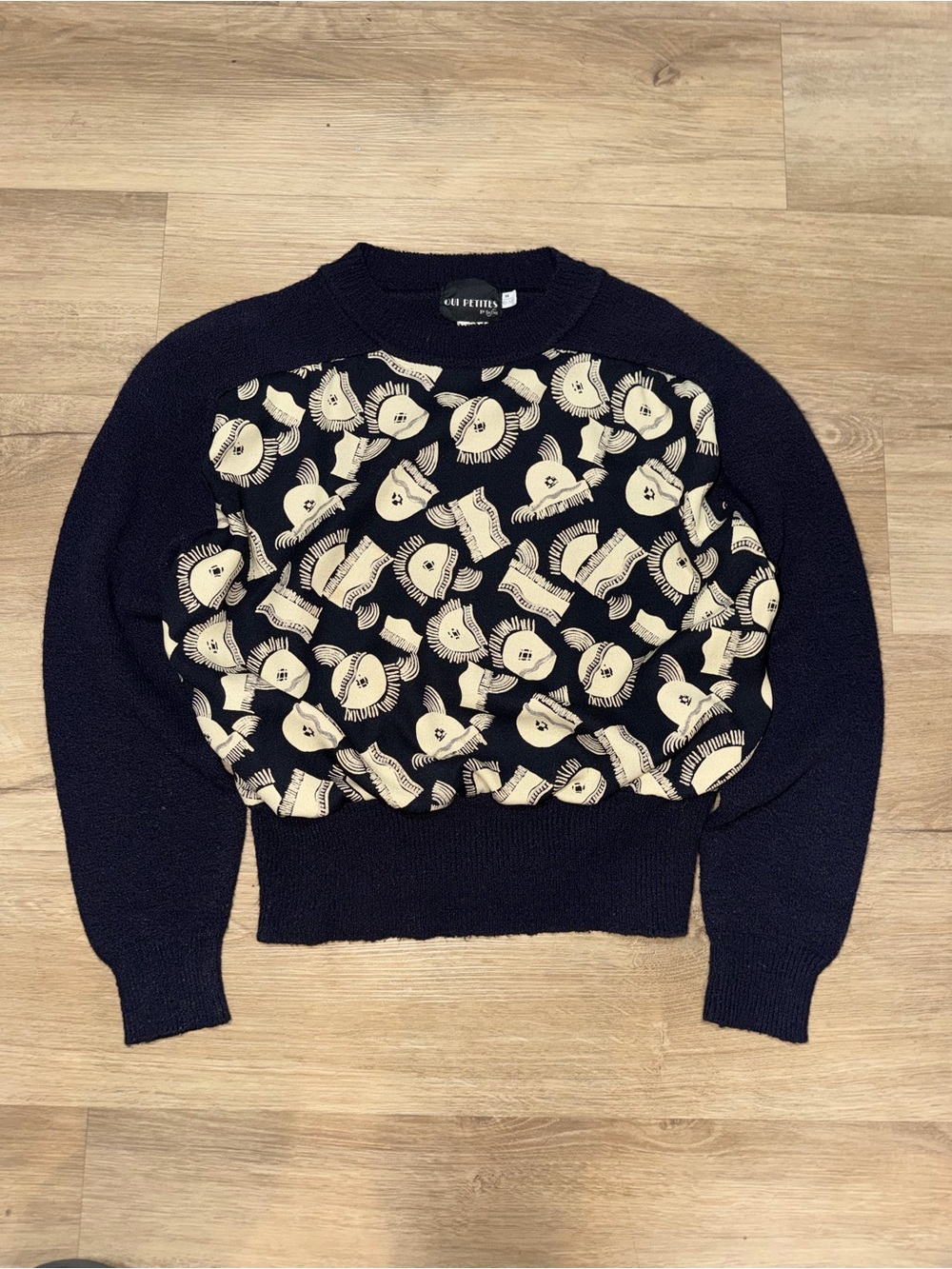 Ceil Chiffon-Panel Navy Crewneck Sweater with Cream Floral Print